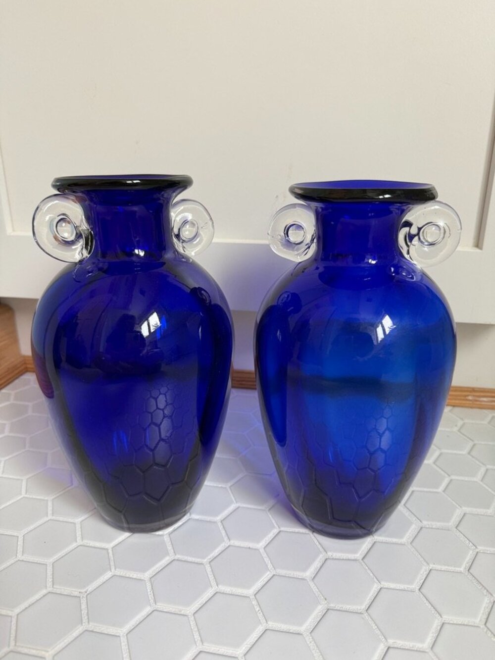 Vintage Pair Cobalt Blue Art Glass Vases 10" Scroll Handles Home Decor